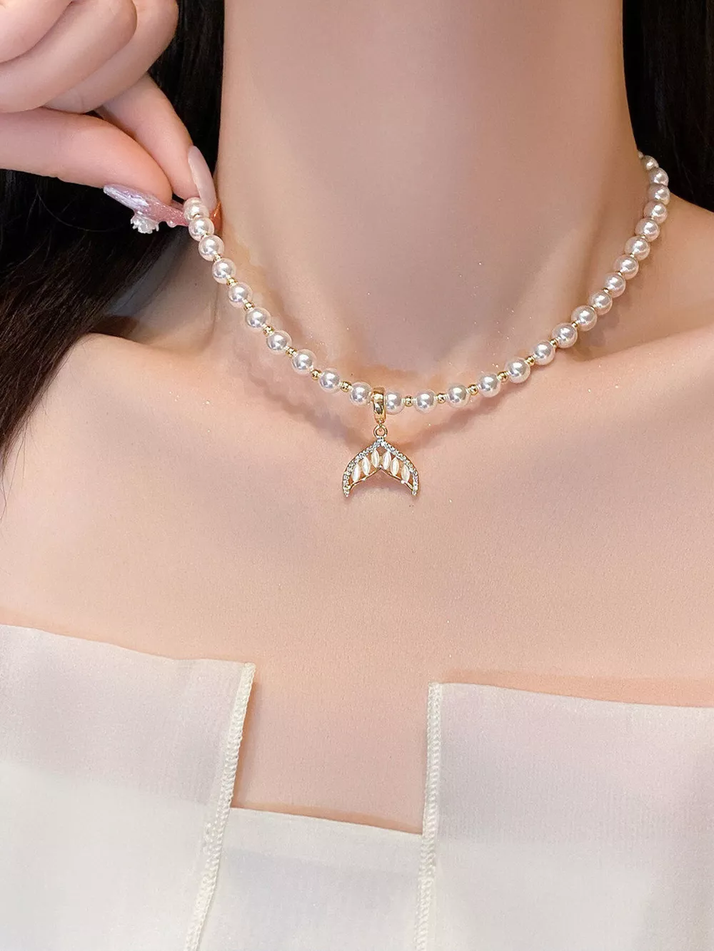 Pearl Mermaid Tail Pendant Necklace, image 2