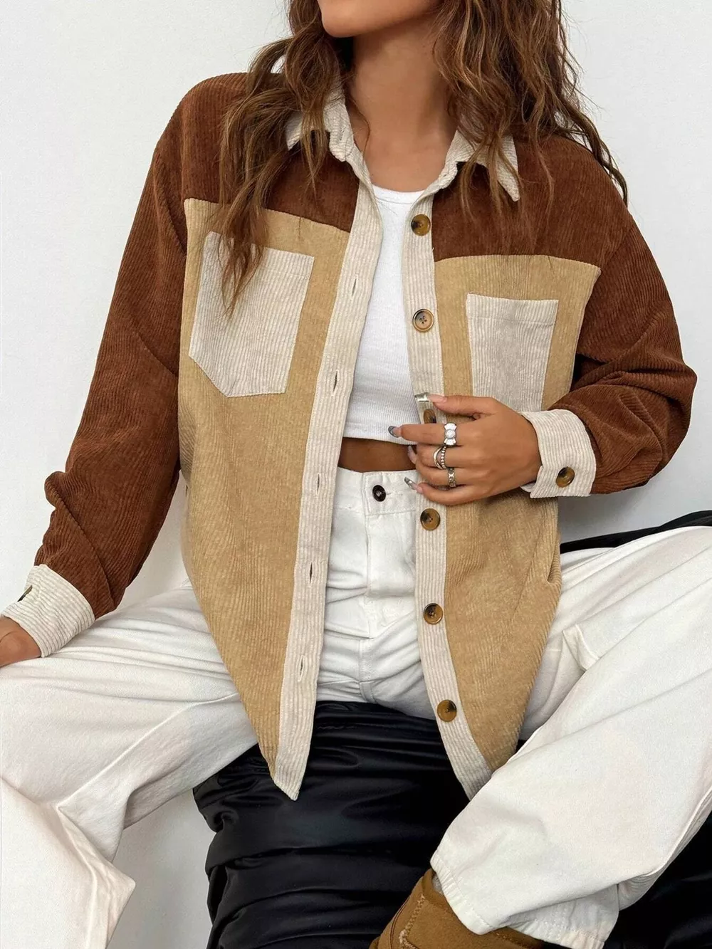 Color Block Corduroy Button-Up Jacket, image 5