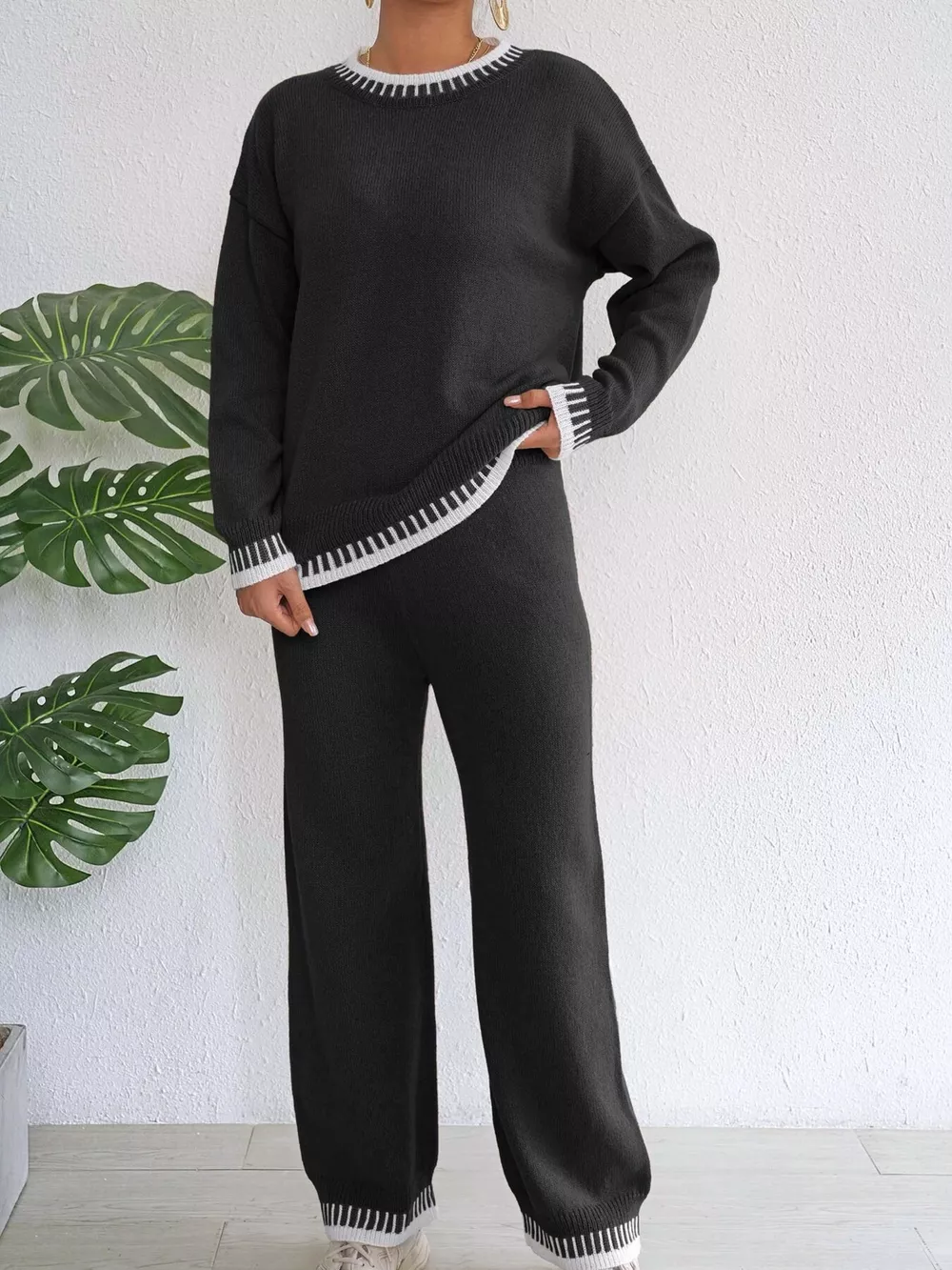 Contrast Trim Crew Neck Sweater and Pants Set, image 11