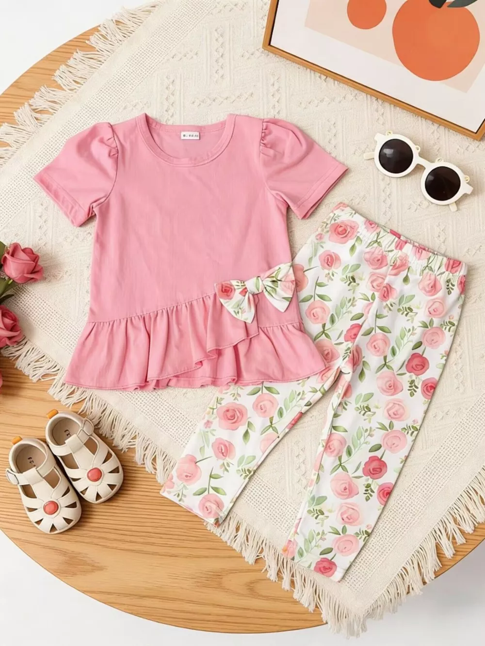 Children's Ruffle Top & Floral Print Pants Set, image 2