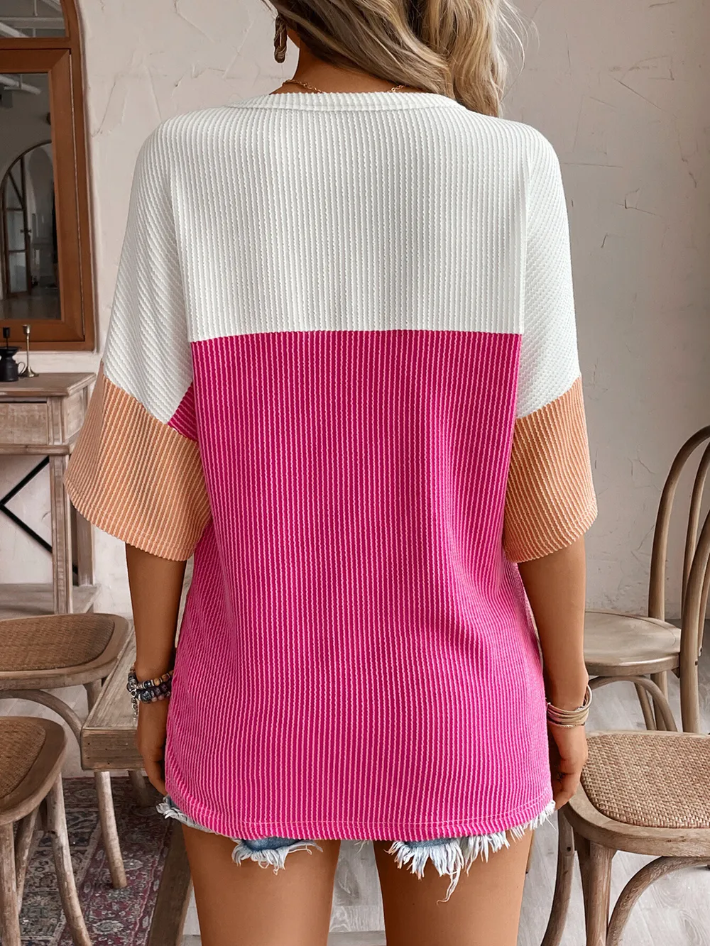 Color Block Ribbed Knit Casual T-Shirt, image 2