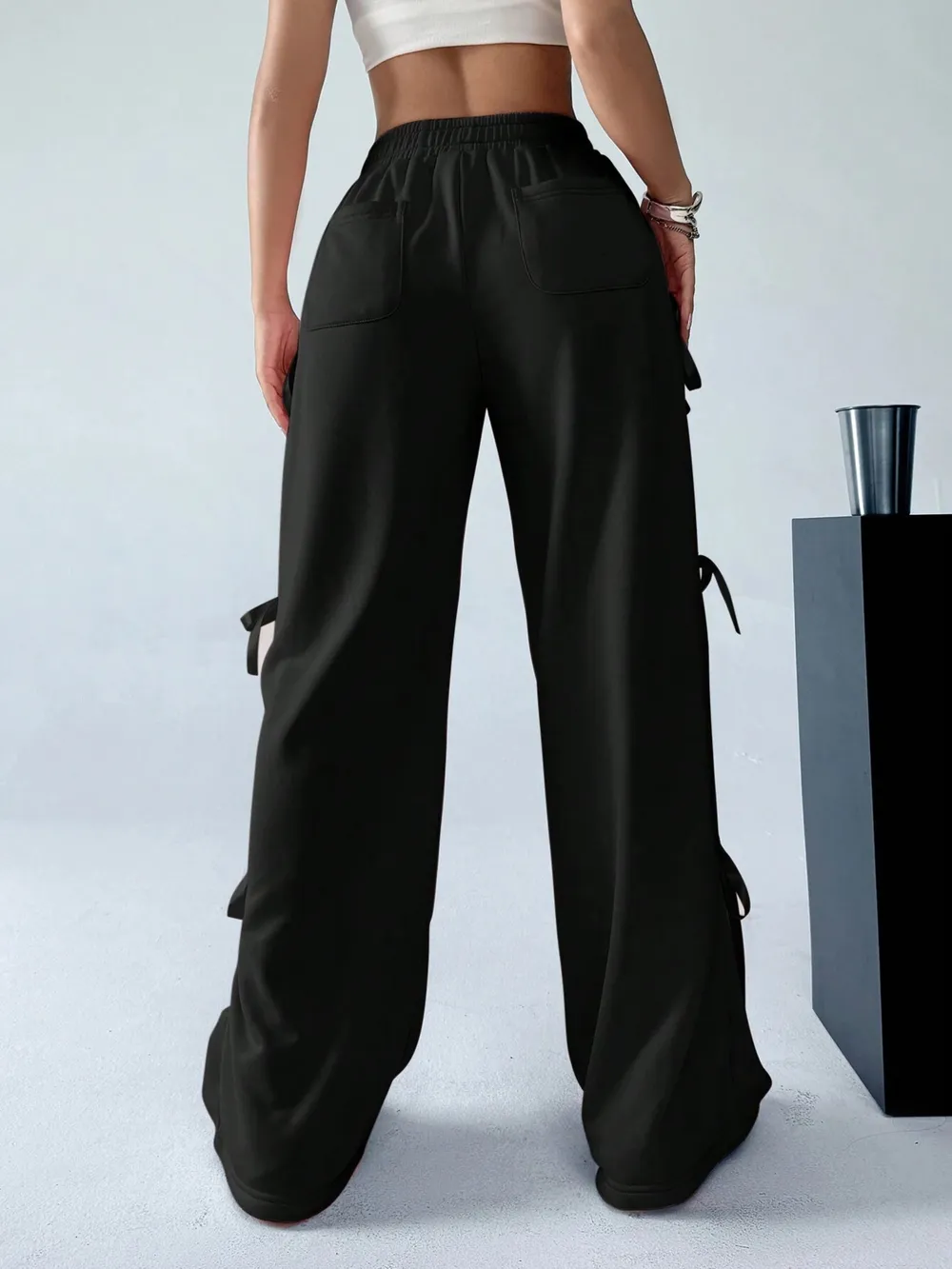 Cargo Wide Leg Pants with Side Tie Details, image 6