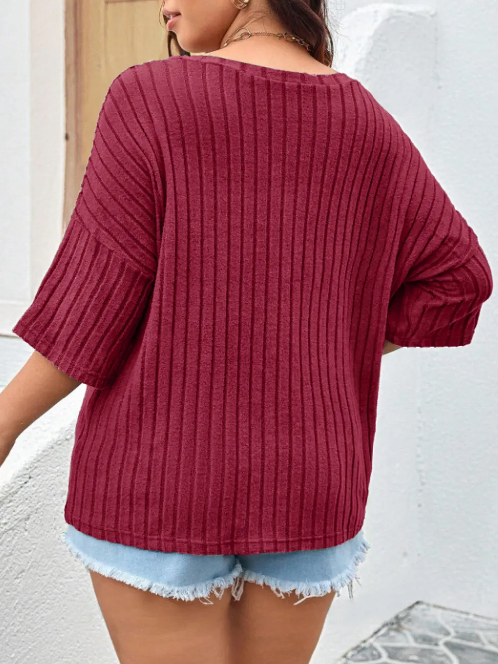 Plus Size V-Neck Ribbed Knit T-Shirt, image 21