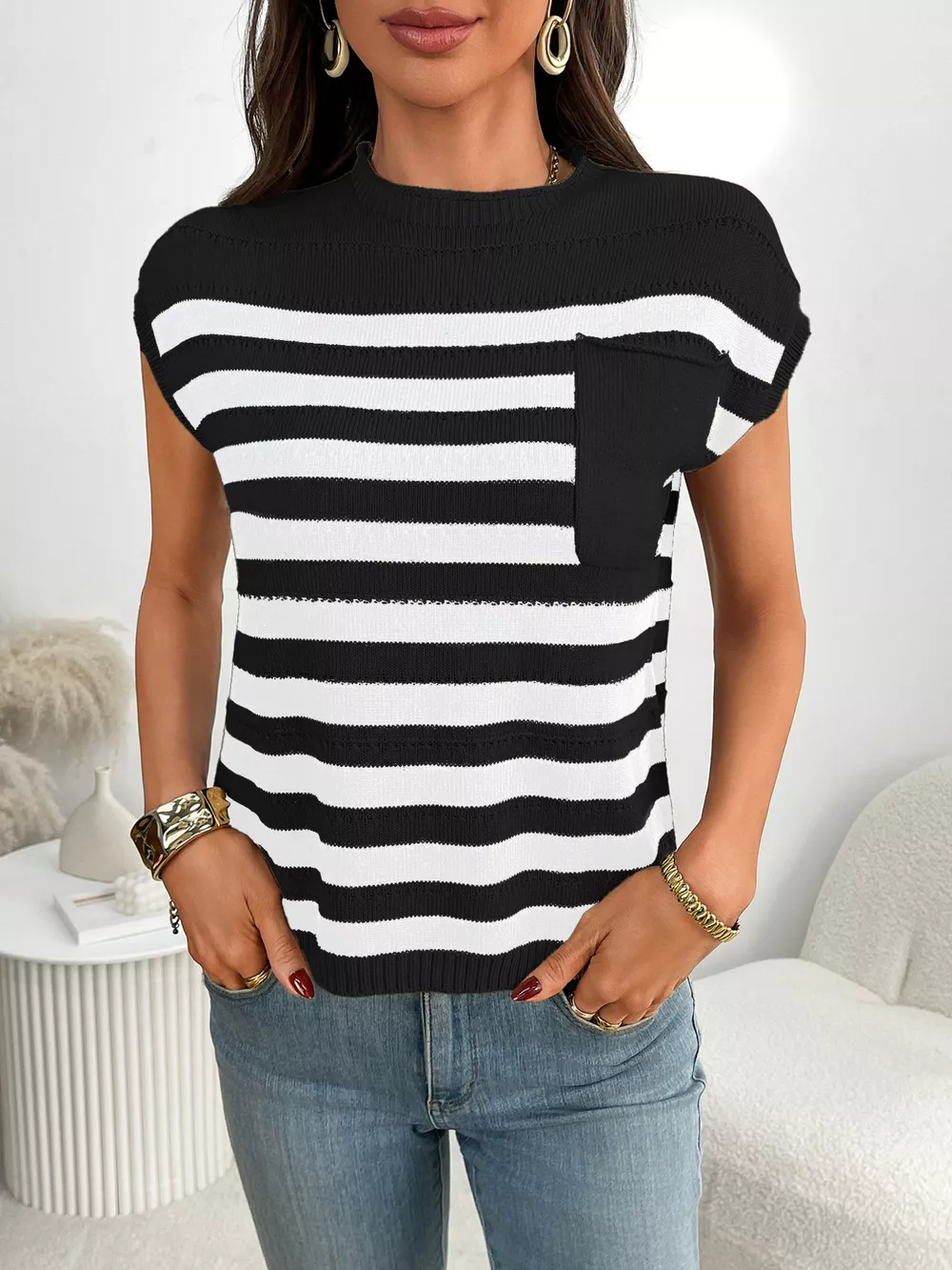 Striped Knit Pocket Detail Cap Sleeve Sweater, image 8