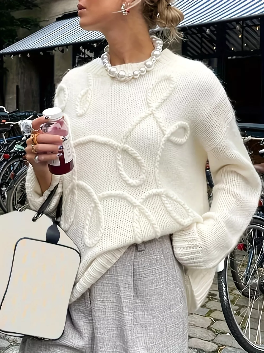 Plus Size Drop Shoulder Textured Sweater with Embossed Rope Detail, image 3