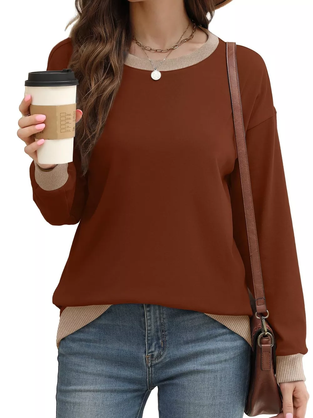 Contrast Trim Crew Neck Casual Sweatshirt, image 26