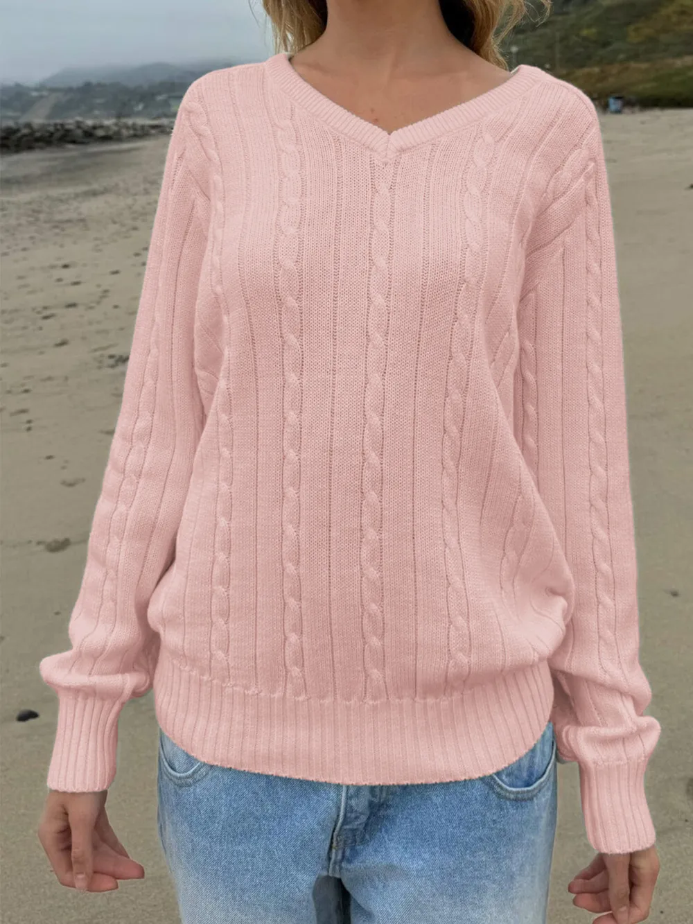 Cable Knit V-Neck Pullover Sweater, image 11