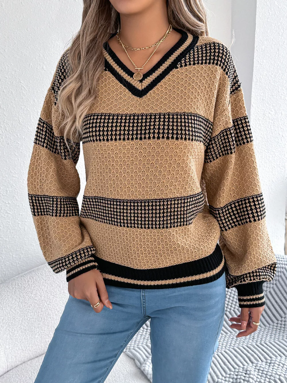 Contrast Striped V-Neck Sweater, image 12
