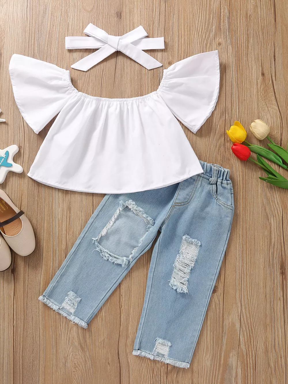 Children's Ruffle Top & Jeans Set with Headband