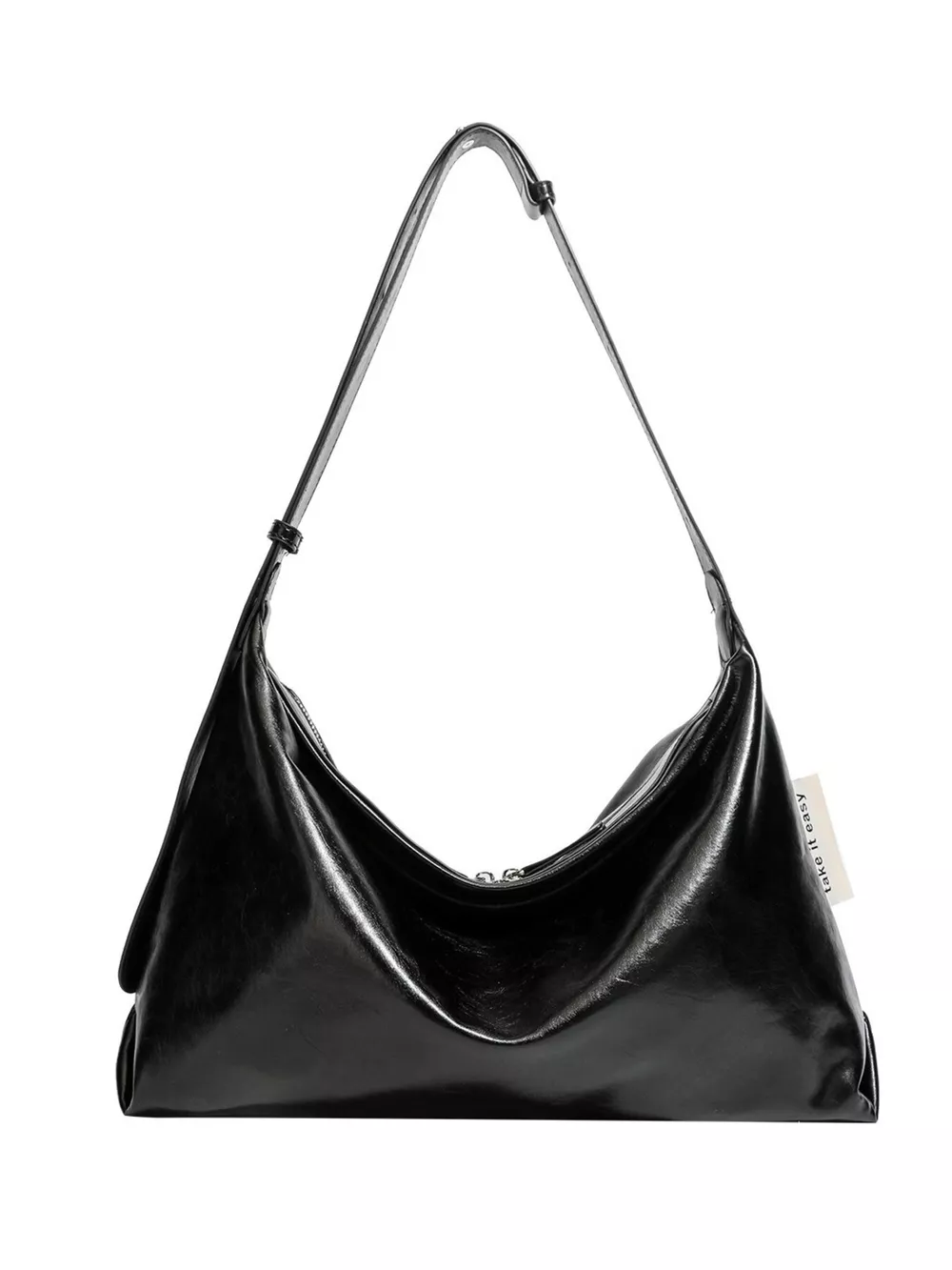 Minimalist Glossy Leather Slouchy Shoulder Bag, image 9