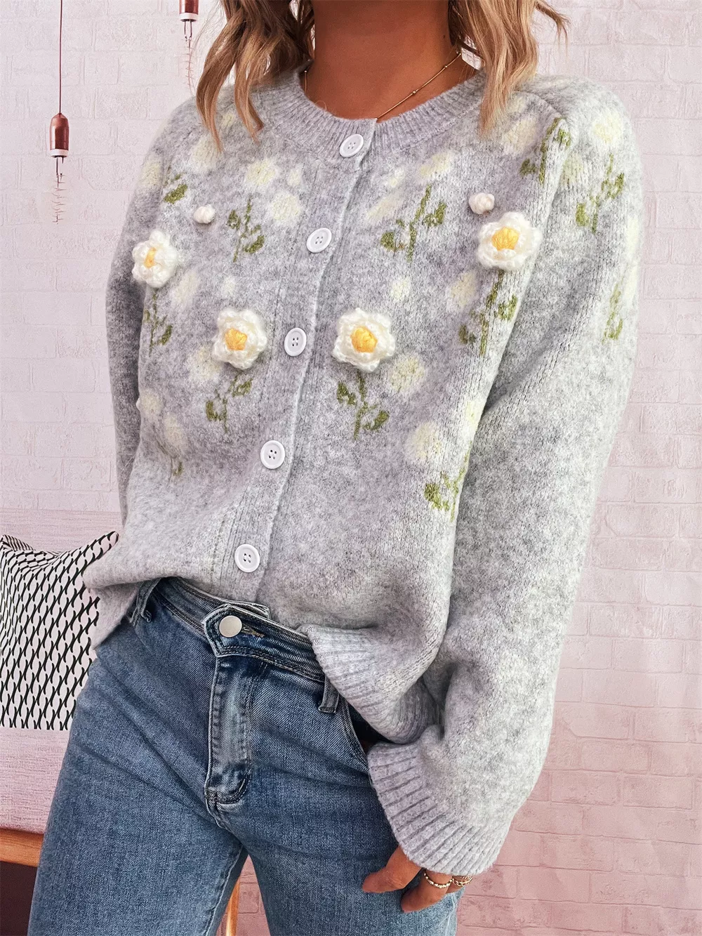 Flower Button Up Long Sleeve Cardigan, image 5