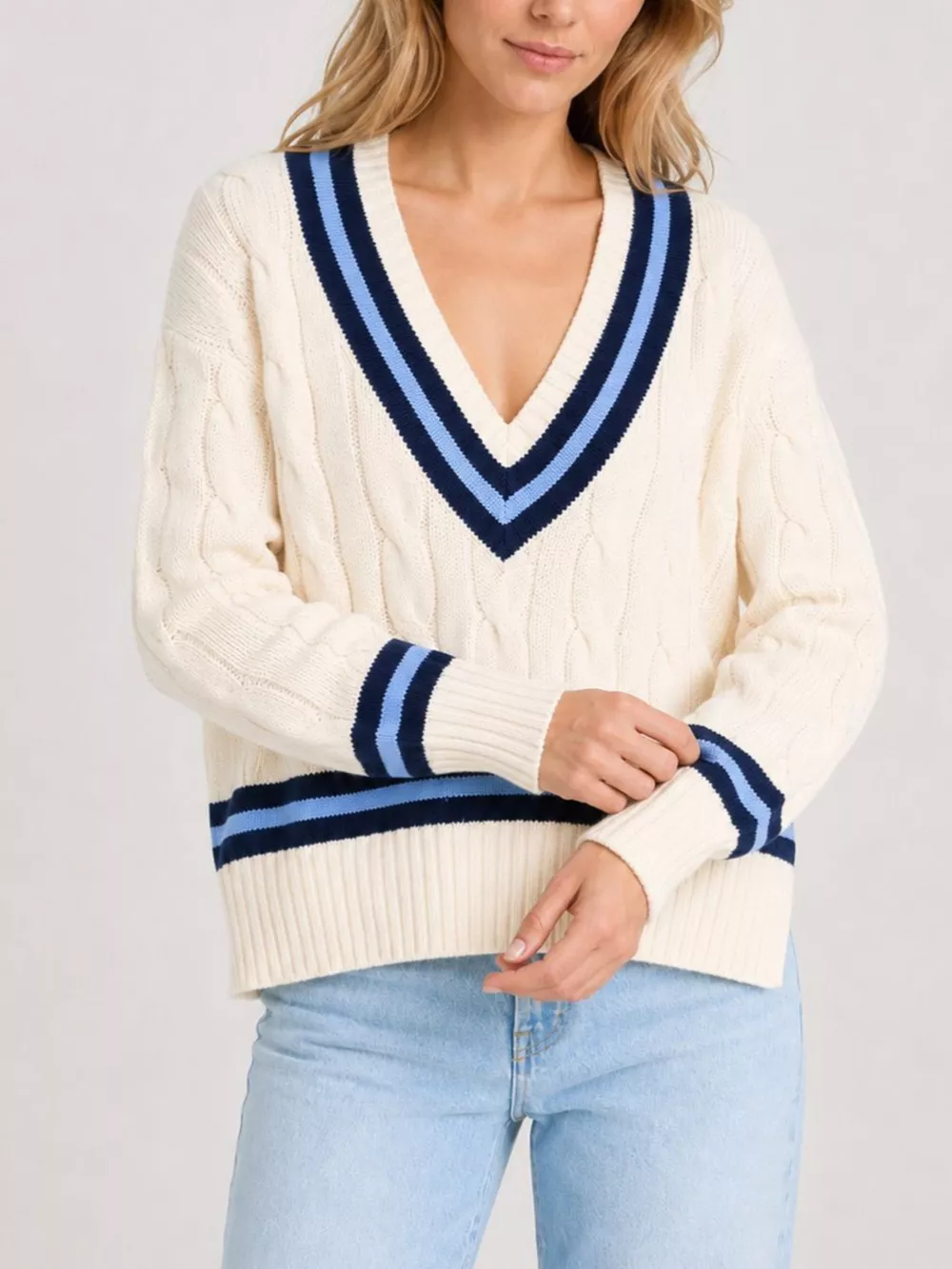 V-Neck Cable Knit Sweater with Contrast Striped Trim, image 2