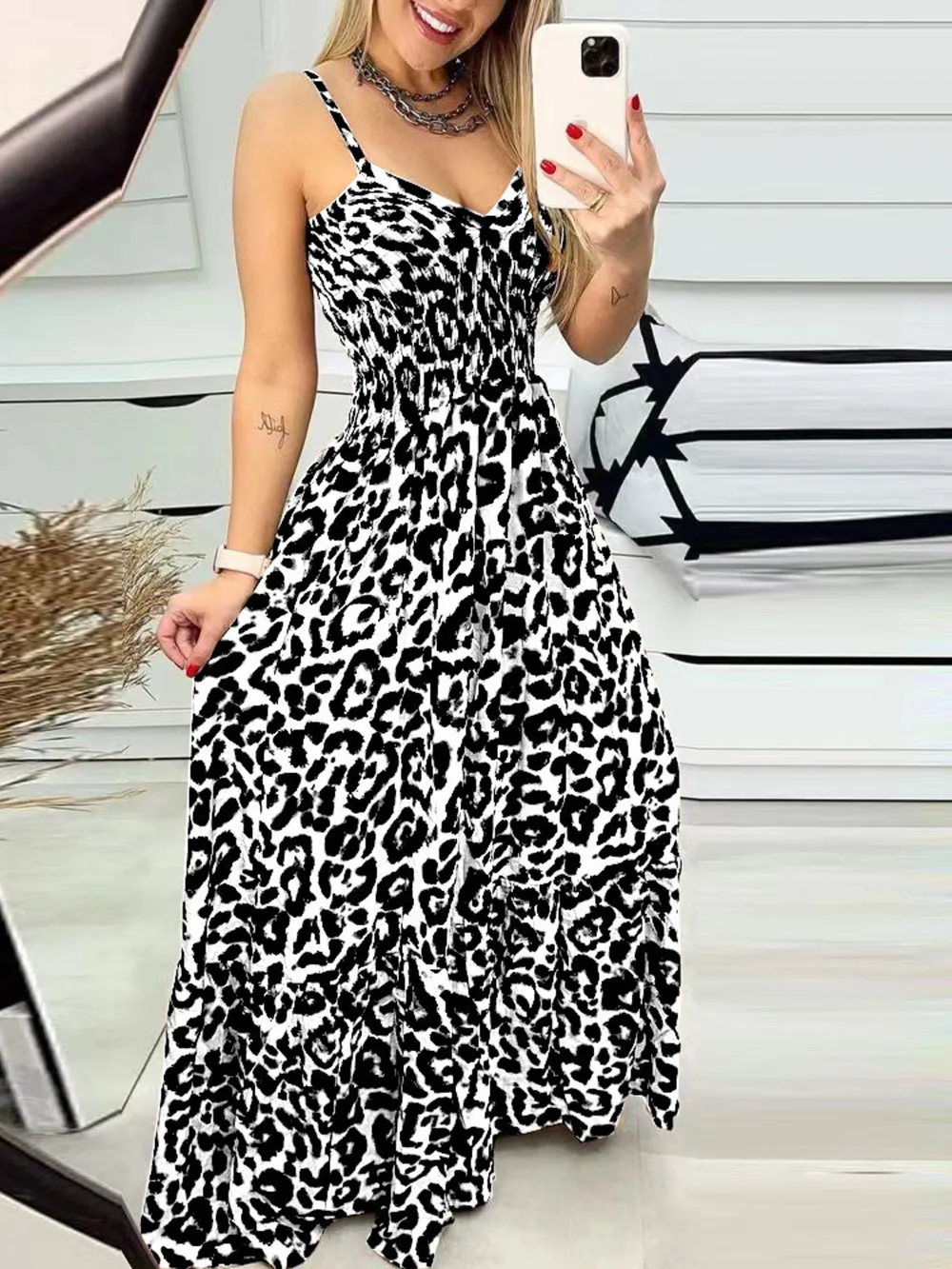Full Size Leopard Print Spaghetti Strap Maxi Dress Plus Size, image 17