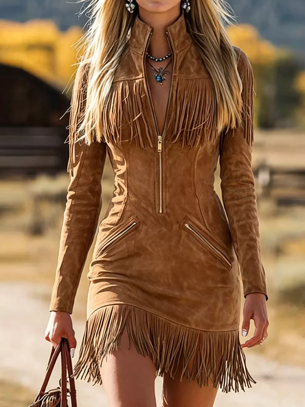 Fringed Zip-Front Mini Dress, image 5