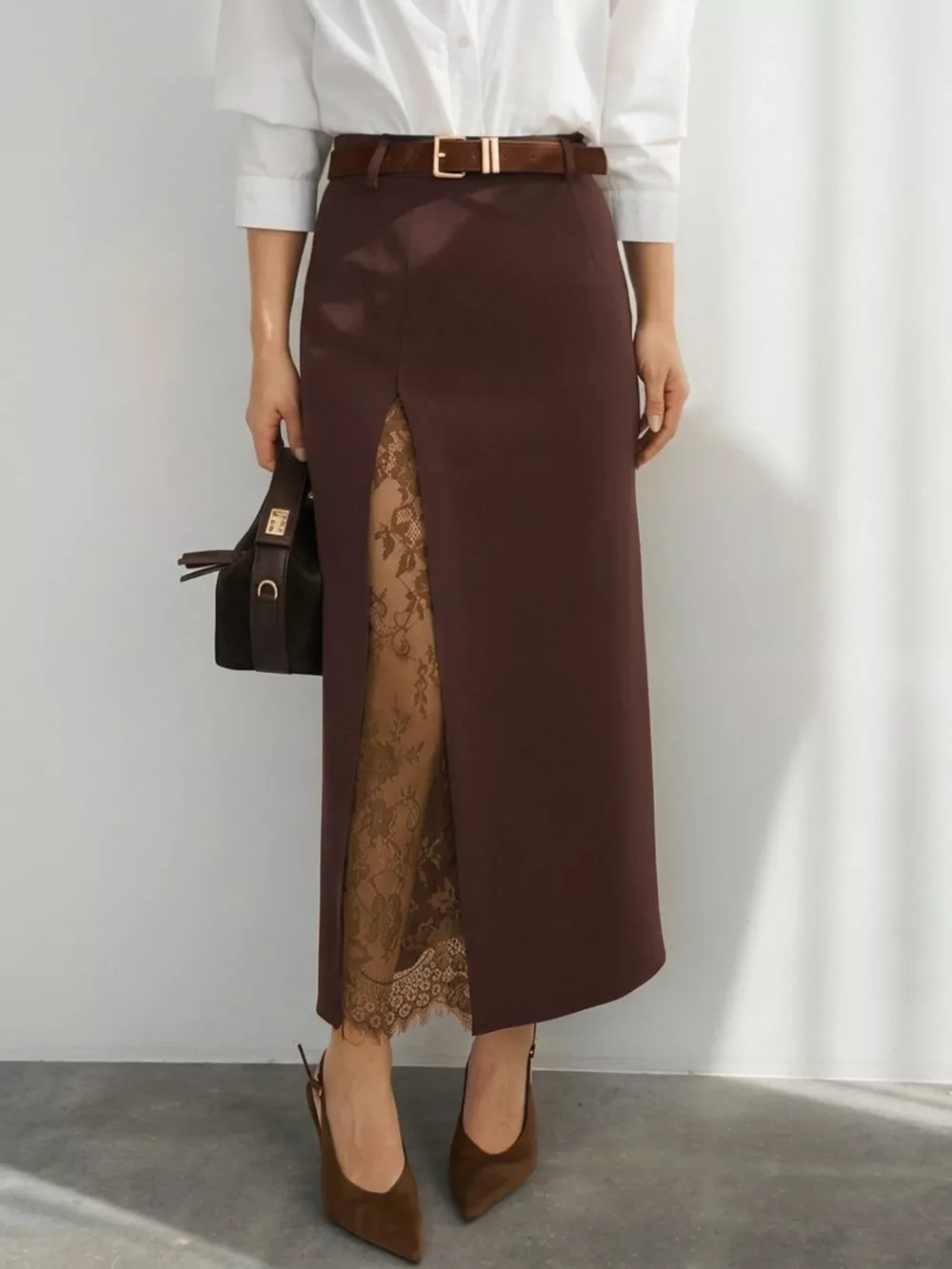 Elegant Lace-Trimmed Slit A-Line Skirt, image 2