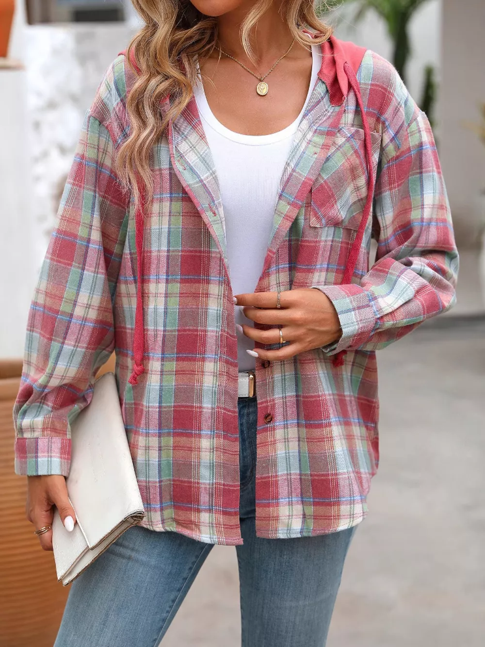 Hooded Plaid Button-Up Shirt, image 26