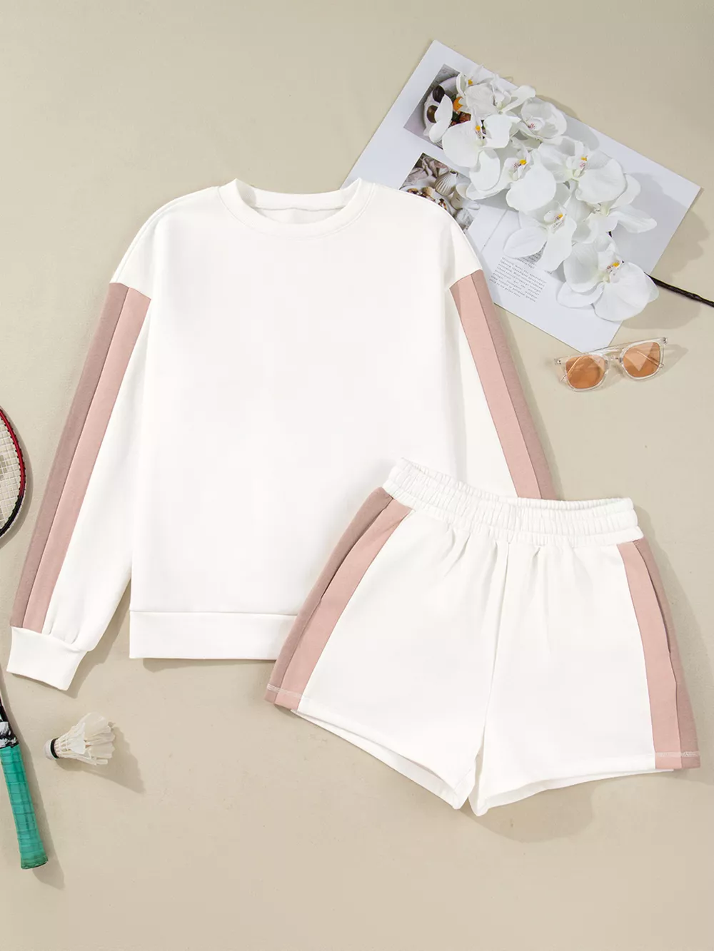 Color Block Patchwork Drop Shoulder Pullover and Shorts Set, image 14