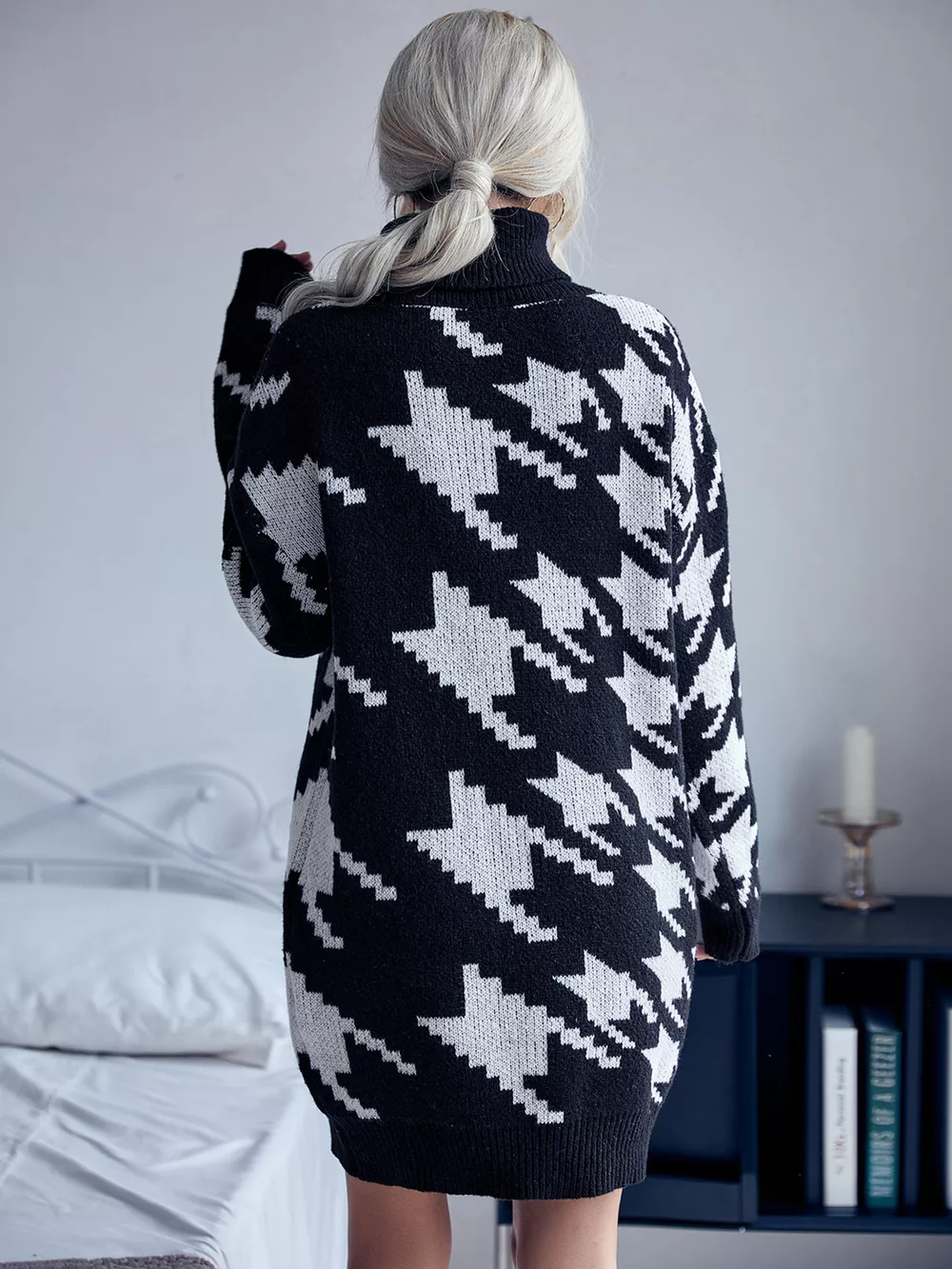 Houndstooth Pattern Turtleneck Sweater Dress, image 7