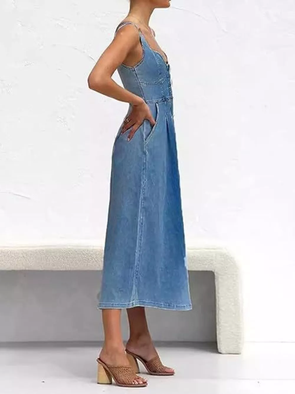 Smocked Back Button Front Denim Midi Dress, image 5