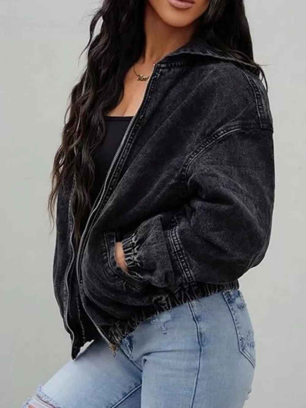Vintage Washed Zip Up Hooded Denim Jacket, image 2