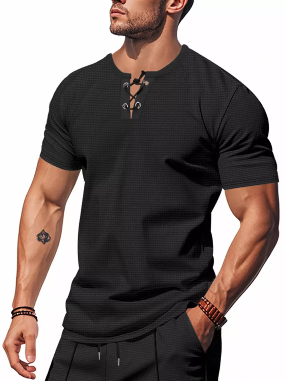 Men's Full Size Lace-Up Neck T-Shirt Plus Size, image 14