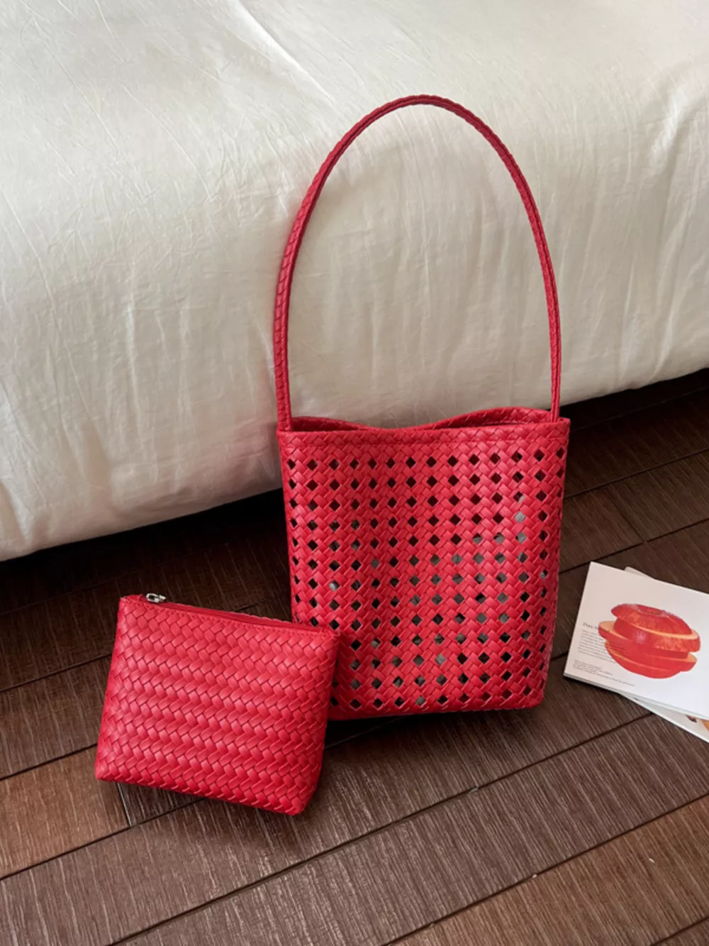 Woven Leather Handbag with Matching Pouch, image 4