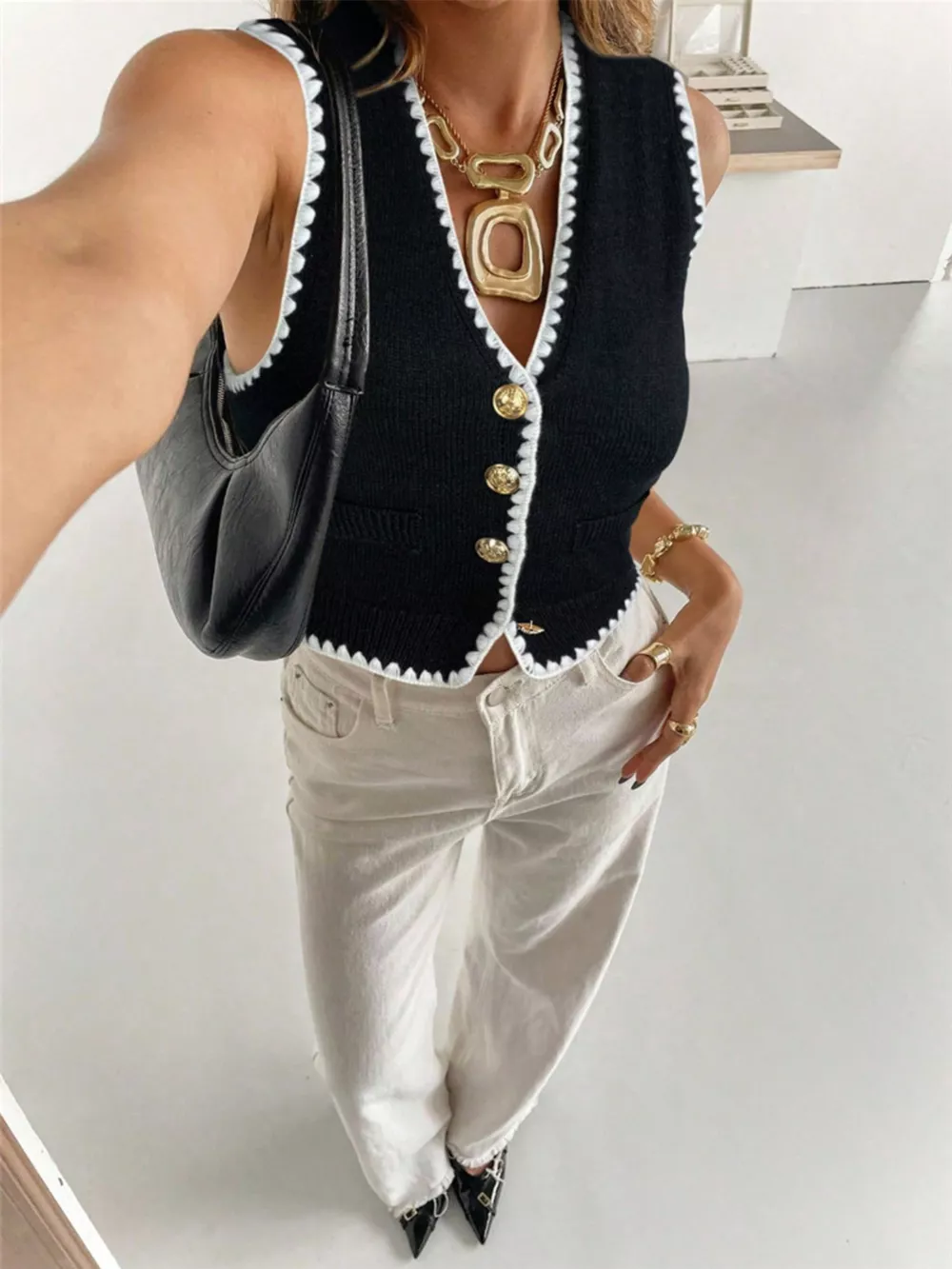 Contrast Trim Button Up Sweater Vest, image 11