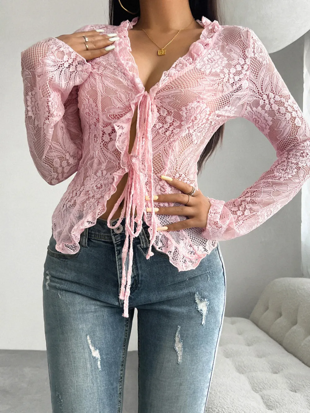 Tie Front Long Sleeve Lace Top, image 2
