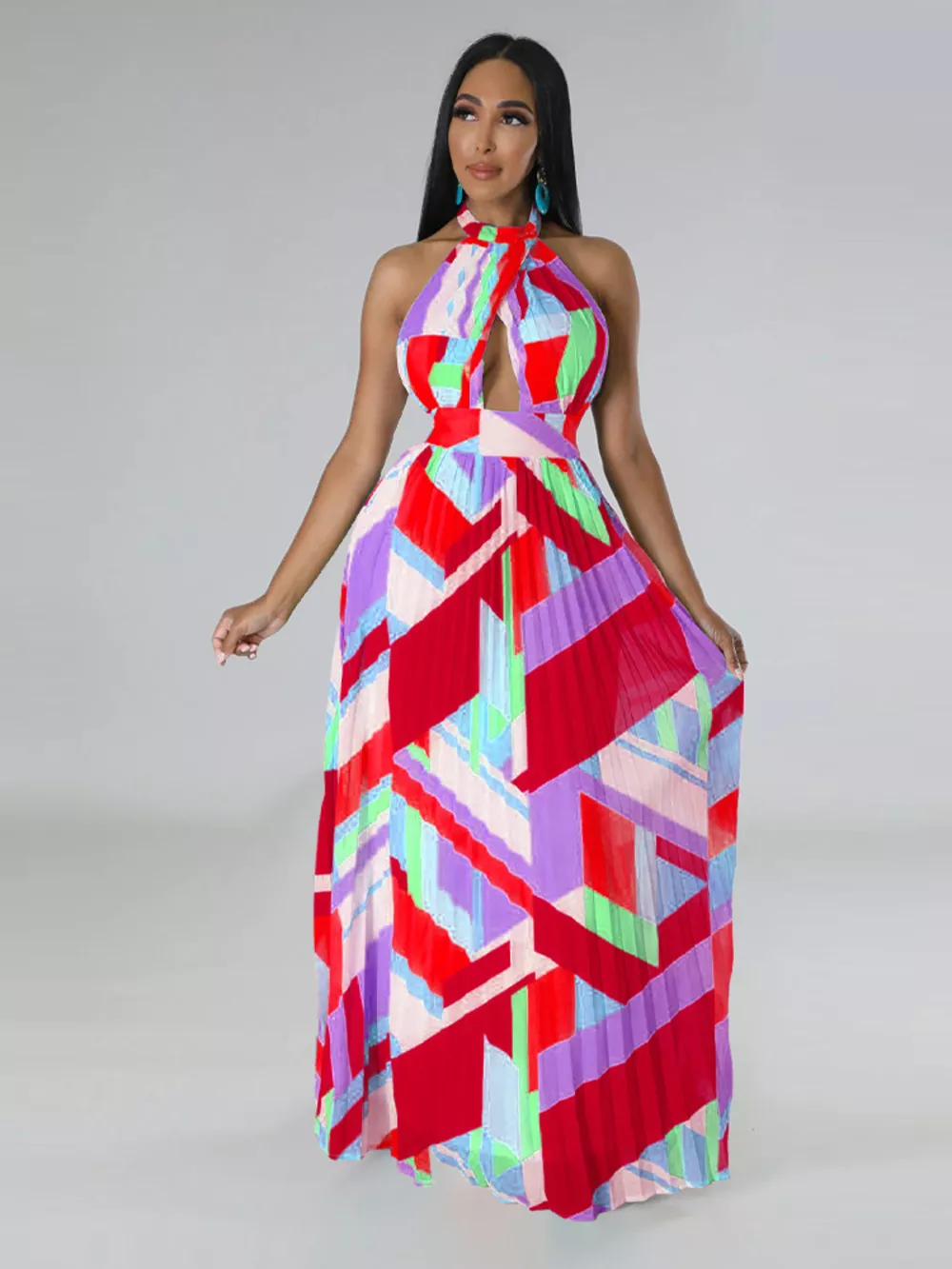Halter Neck Geometric Print Pleated Maxi Dress, image 6