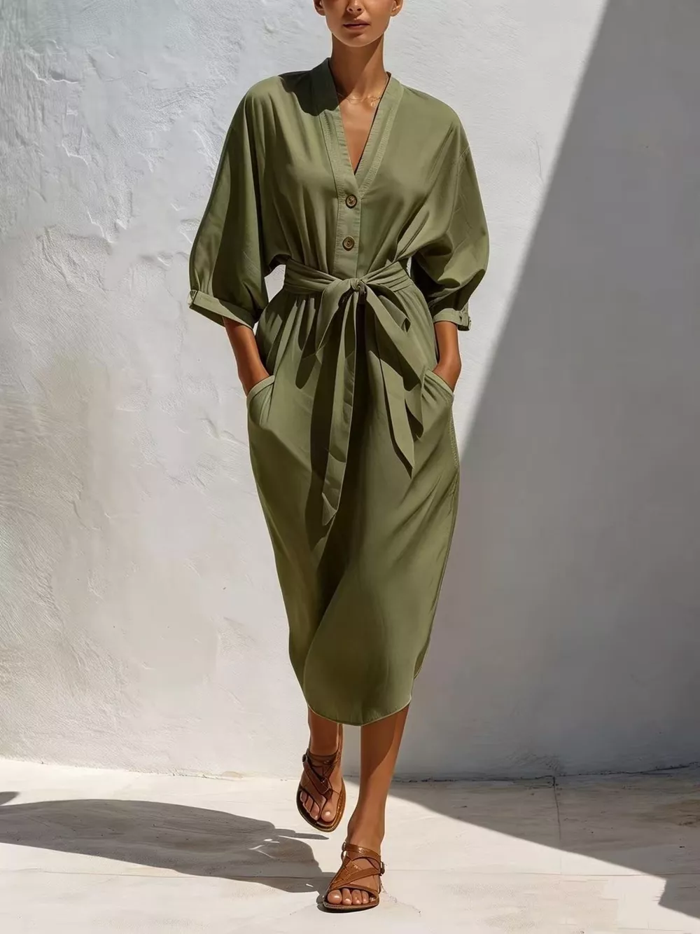 Full Size Tie Waist V-Neck Midi Dress Plus Size, image 6