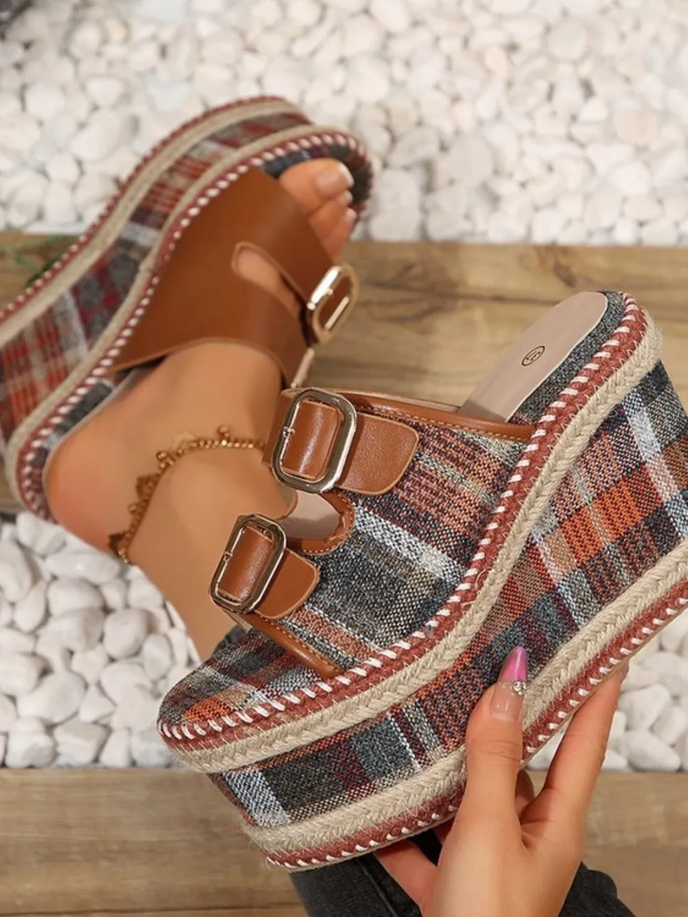 Plaid Platform Wedge Sandals, image 4