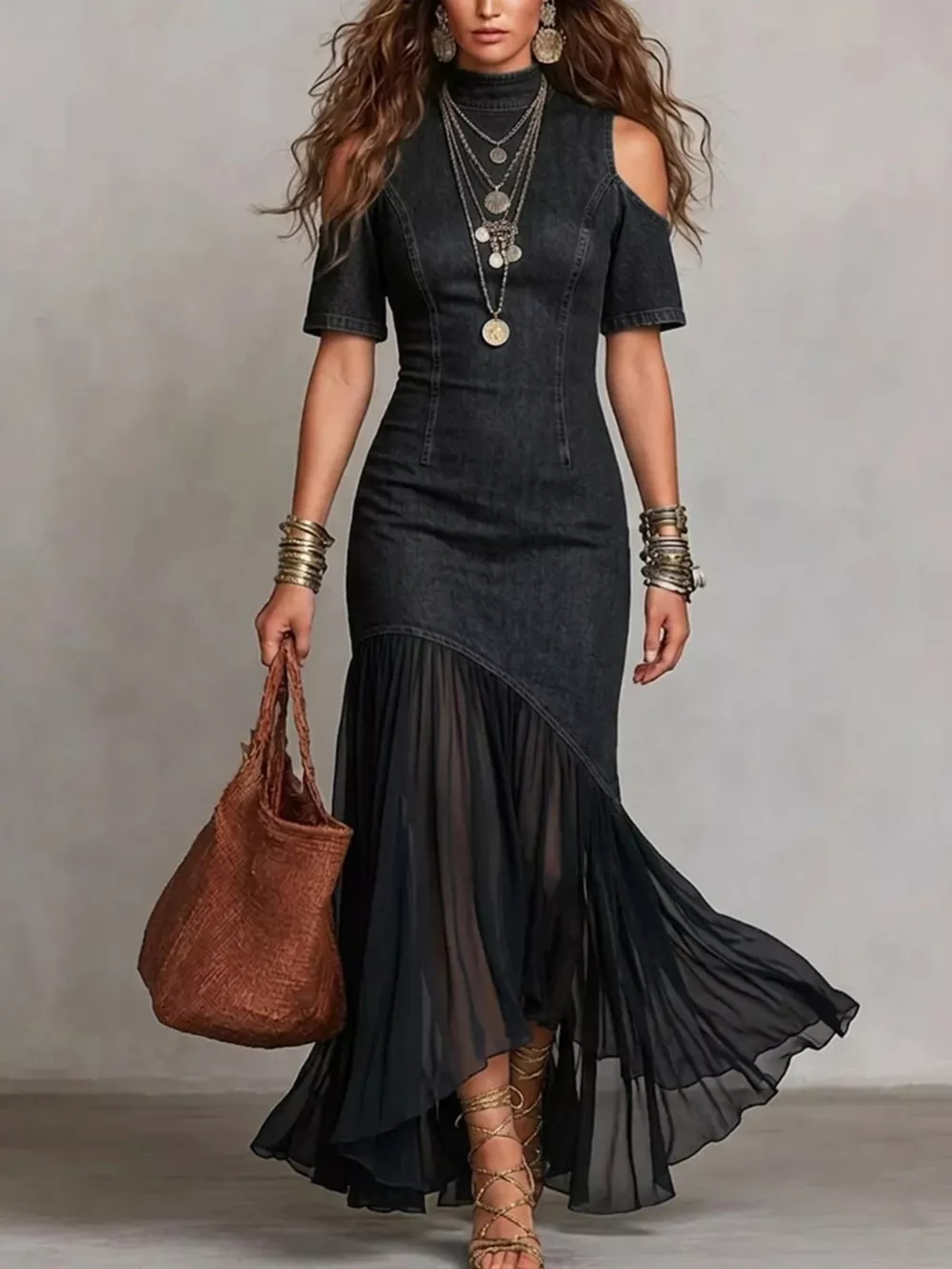 Mock Neck Cold Shoulder Ruffle Hem Maxi Dress, image 2