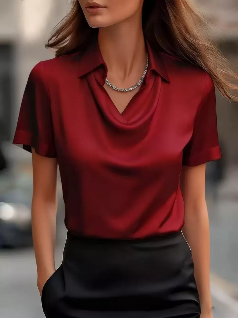 Full Size Cowl Neck Short Sleeve Satin Blouse Plus Size, image 9