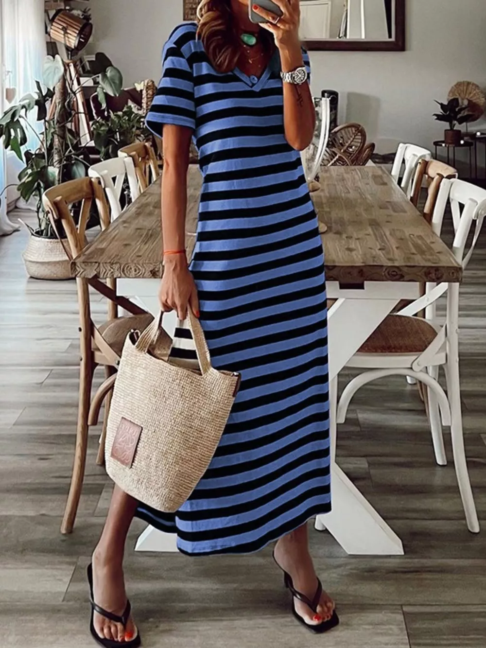 Full Size Striped V-Neck Midi Dress with Side Slit Plus Size, image 2