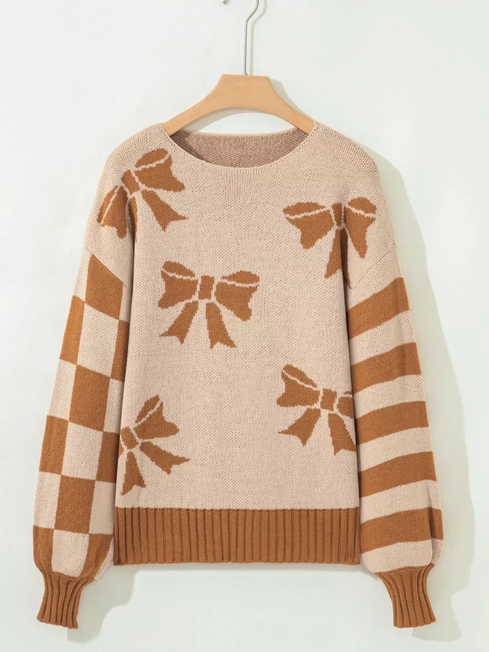 Ribbon Bow Checkered Striped Sleeve Drop Shoulder Sweater, image 11