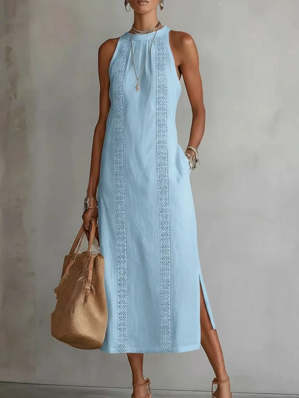 Side Slit Sleeveless Hollow-Out Trimmed Midi Dress, image 5