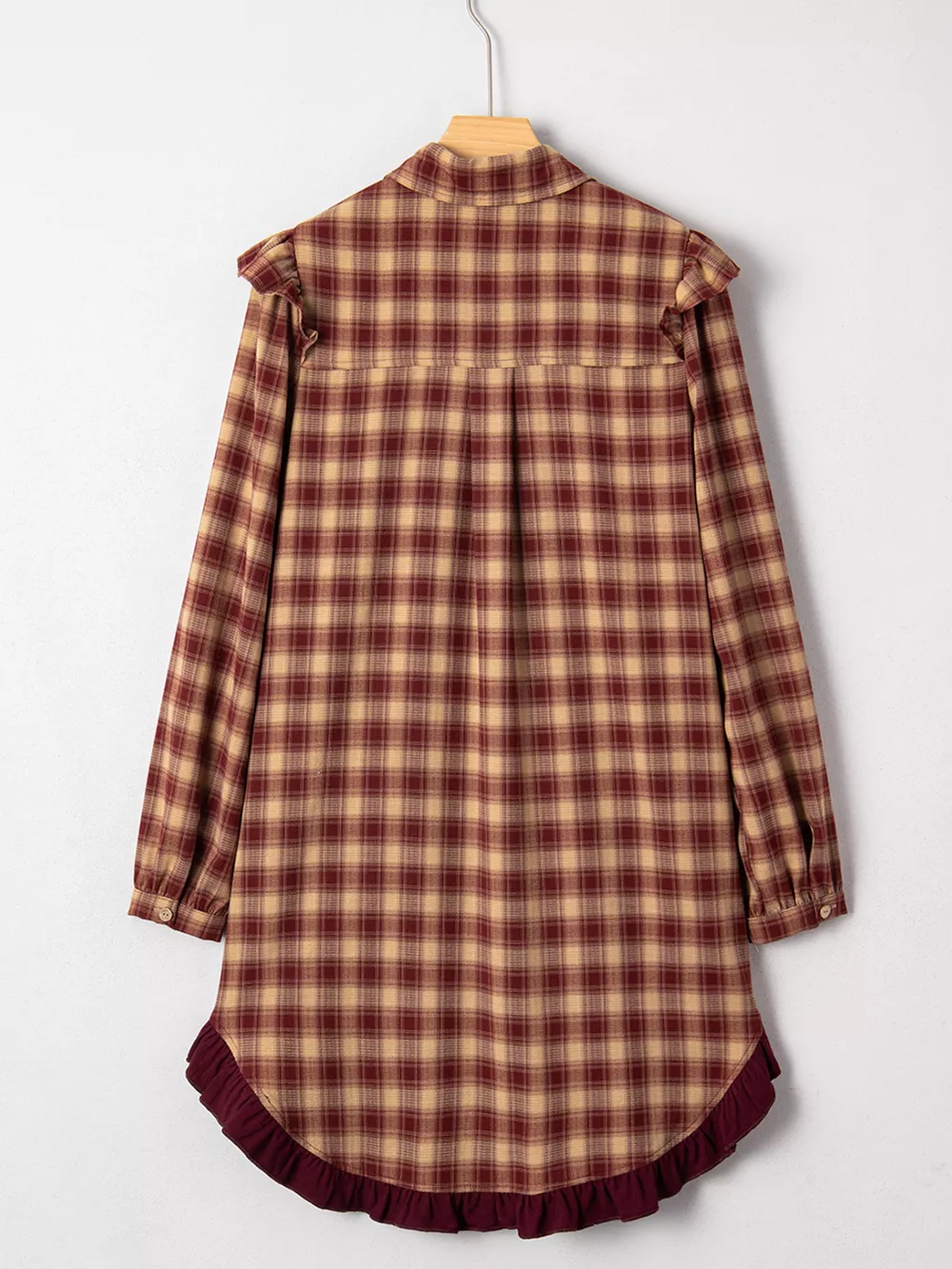 Plaid Print Ruffled Long Sleeve Patchwork Hem Mini Shirt Dress, image 14