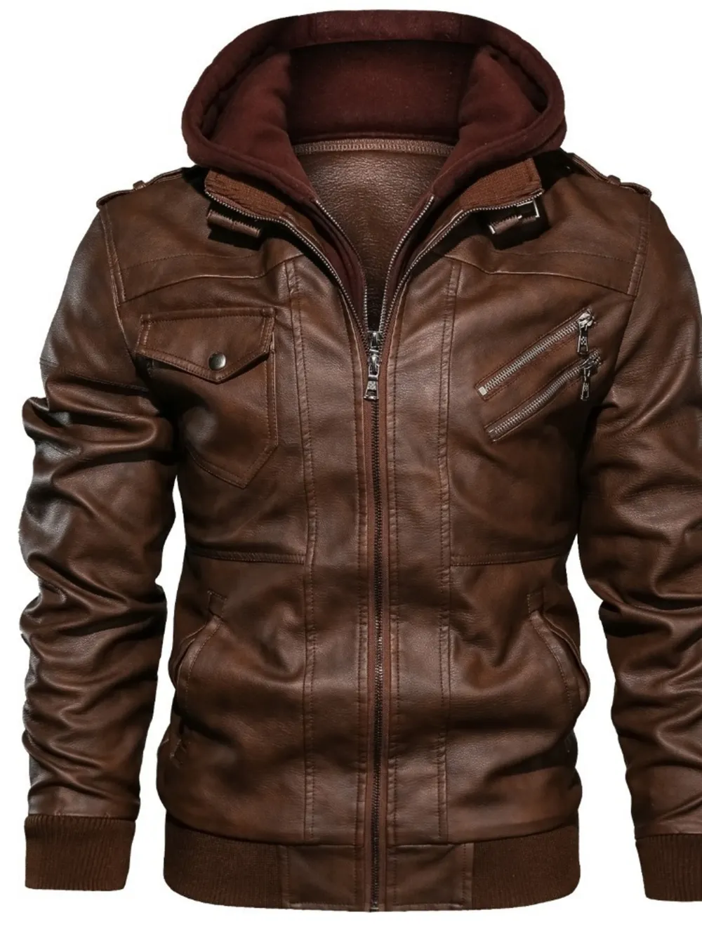 Men's Full Size Vintage Hooded Leather Jacket Plus Size, image 2