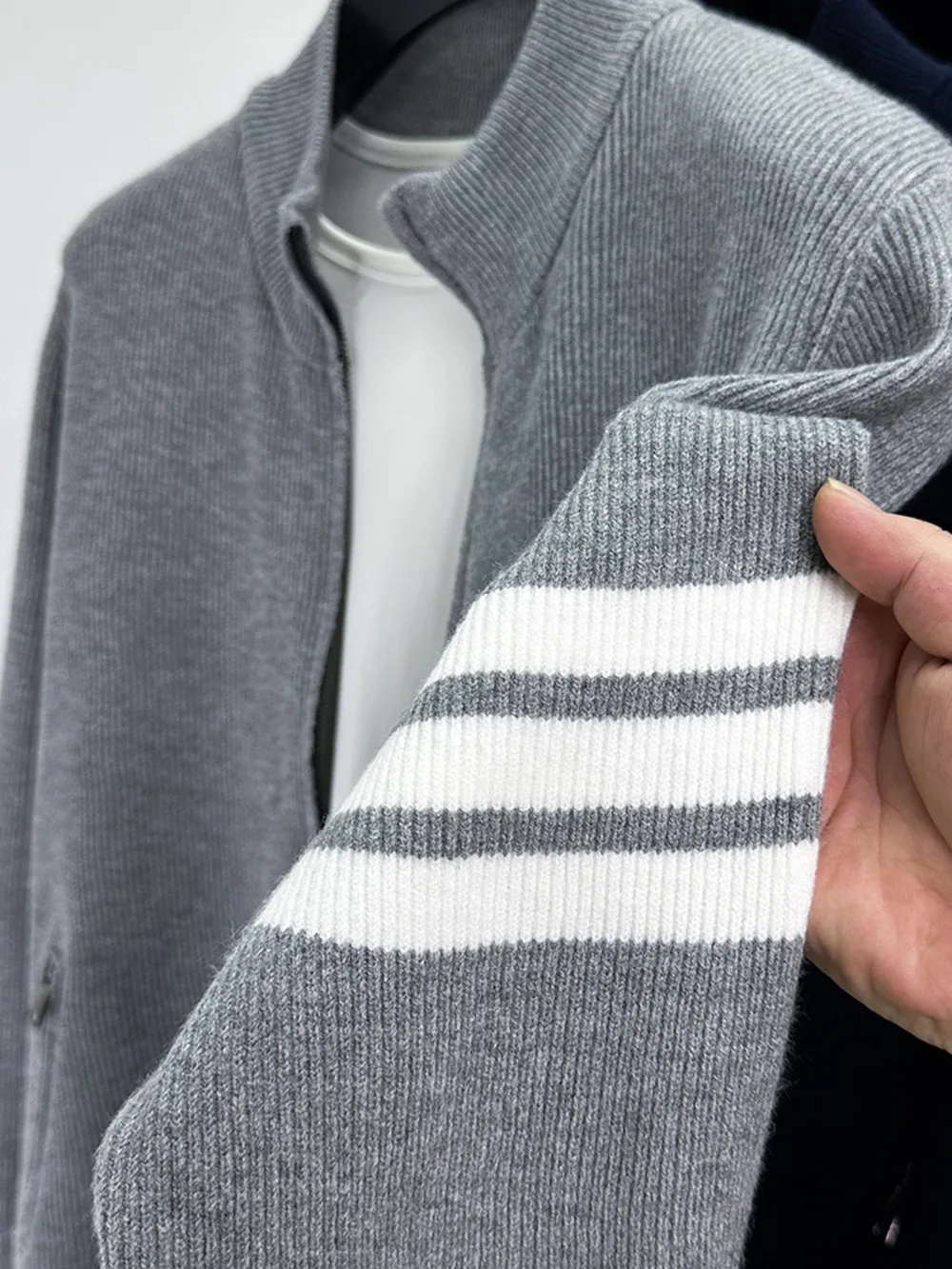 Men's Plus Size Zip Up Striped Long Sleeve Cardigan, image 5