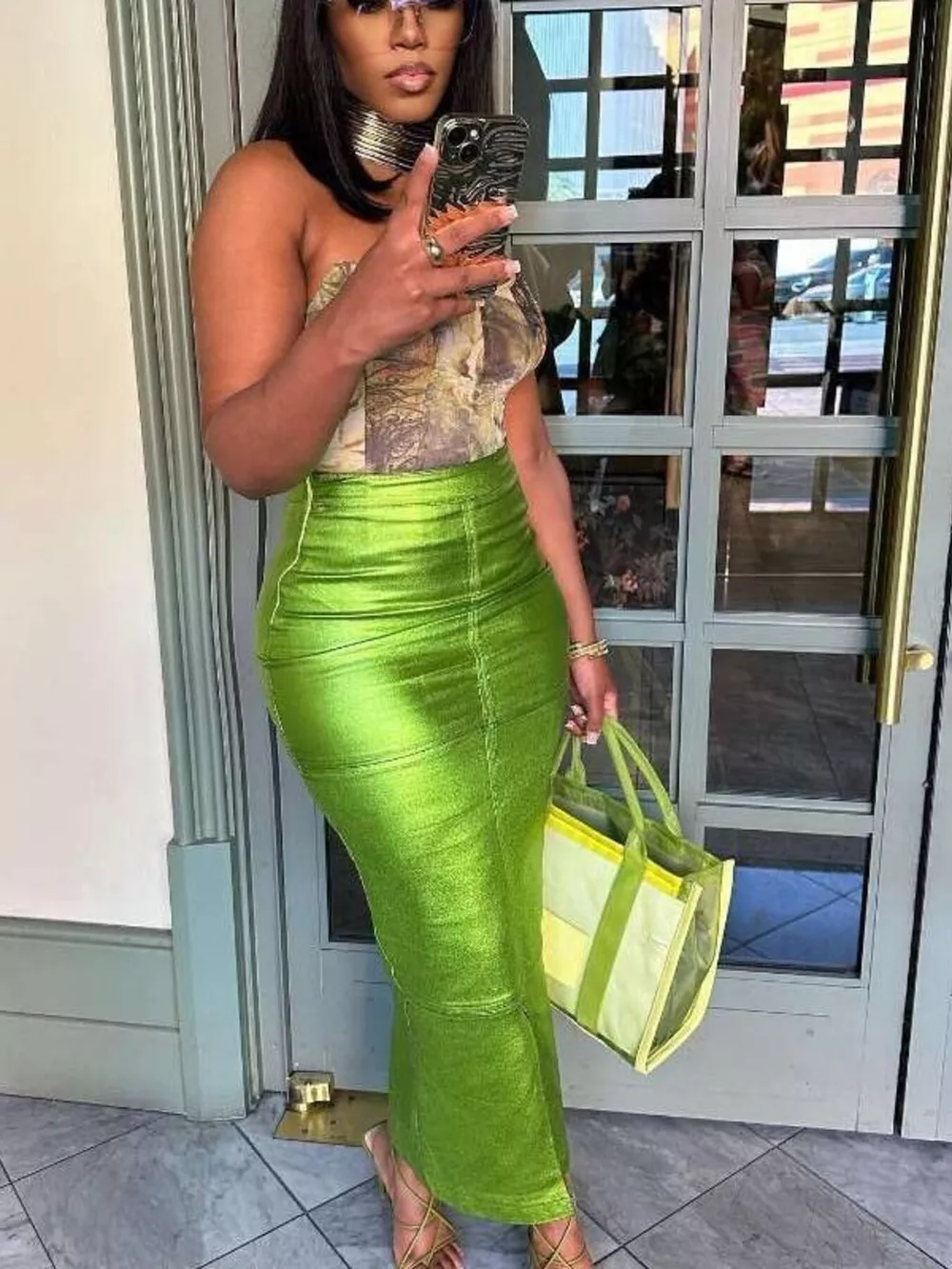 Shimmering Side Slit Bodycon Maxi Skirt, image 4