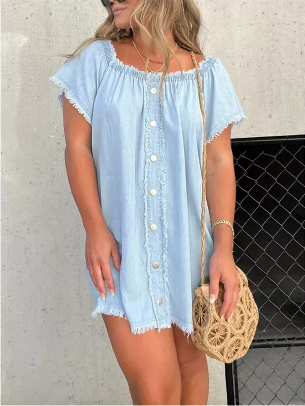 Full Size Off-Shoulder Button-Down Frayed Denim Dress Plus Size, image 4