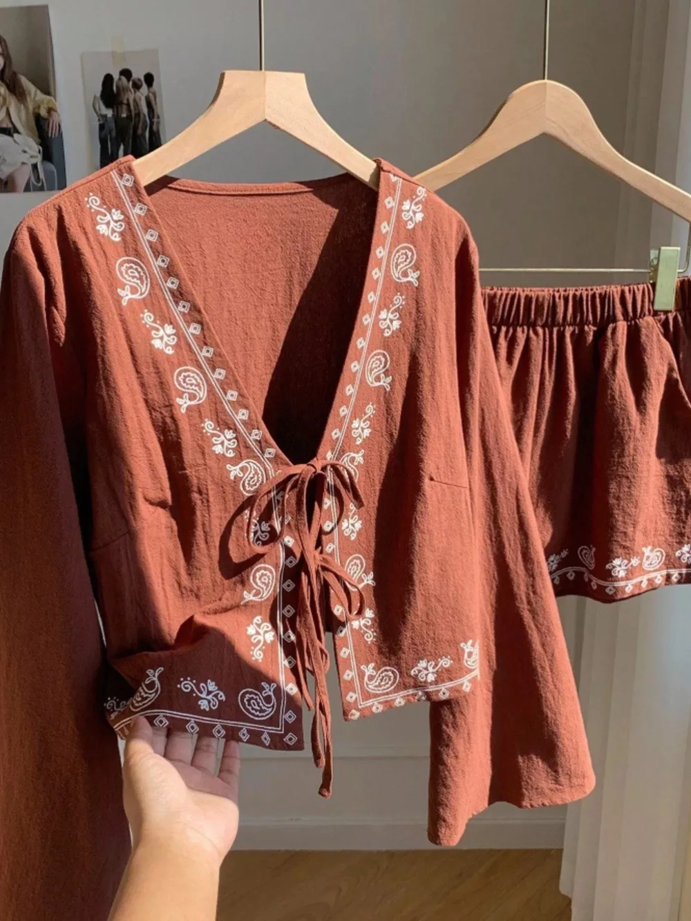 Embroidered Tie-Front Top & Shorts Set, image 6