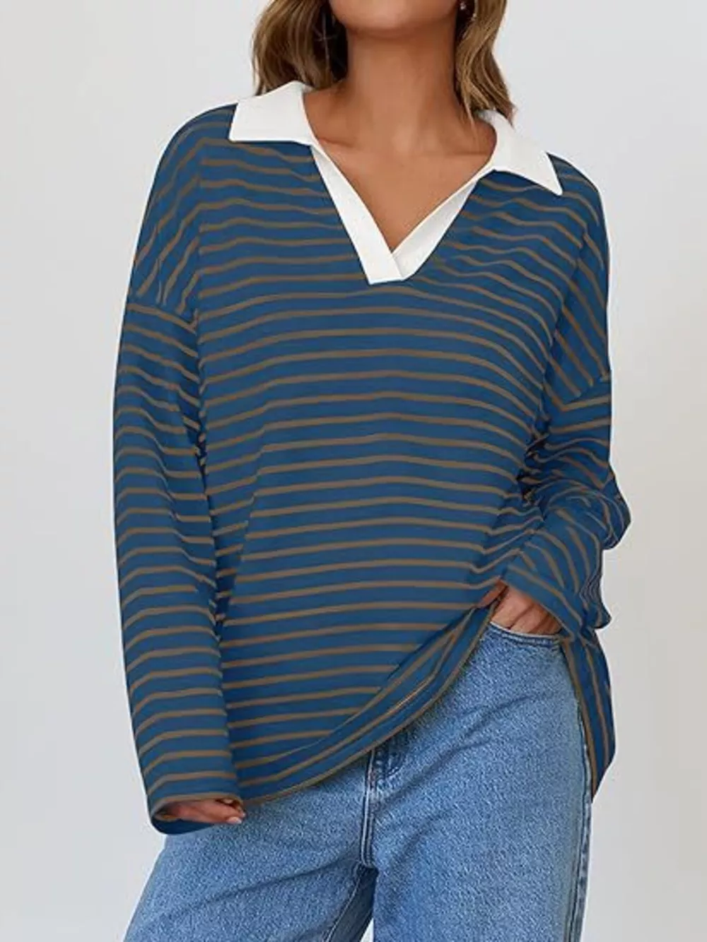 Striped Contrast Collar Long Sleeve Top, image 22