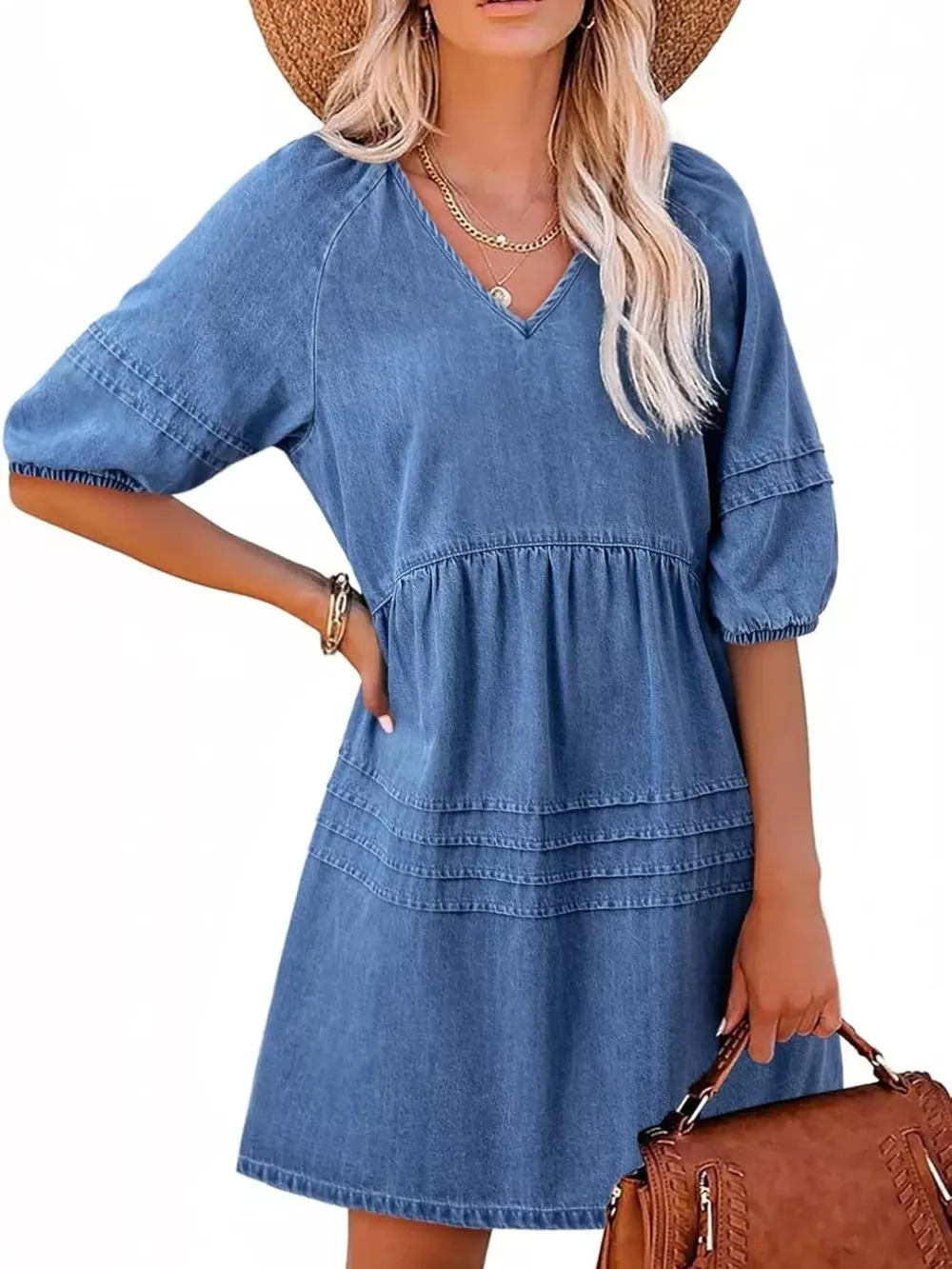 Casual V-Neck Puff Sleeve Denim Mini Dress, image 5