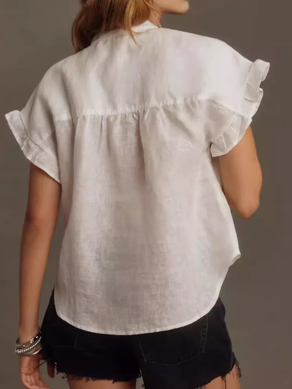 Ruffled Short Sleeve Button Up Shirt, image 3