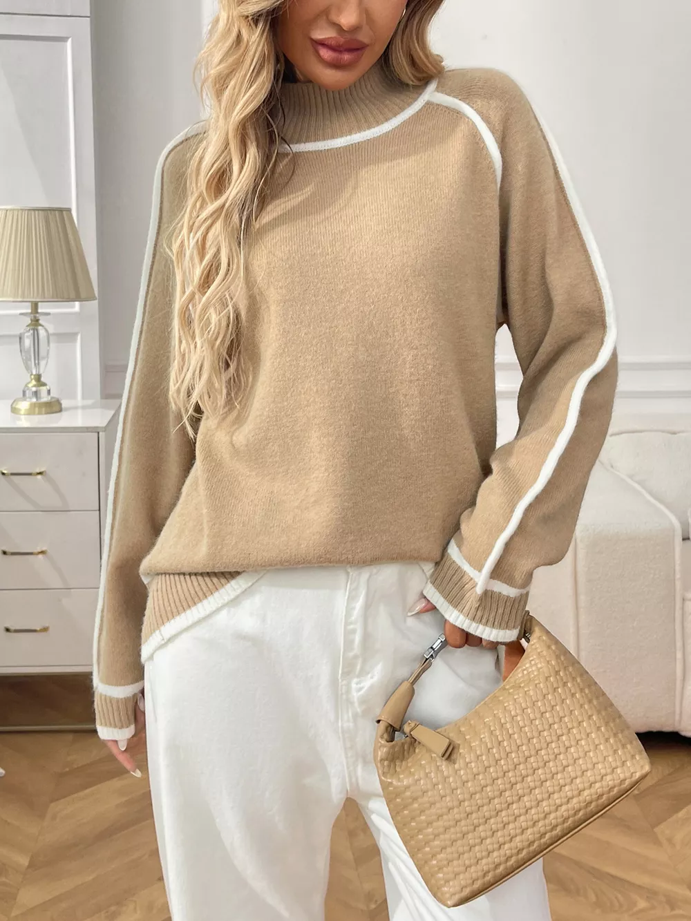 Contrast Trim Turtleneck Long Sleeve Sweater, image 15