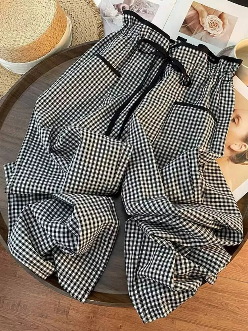 Gingham High-Waisted Wide-Leg Pants, image 5