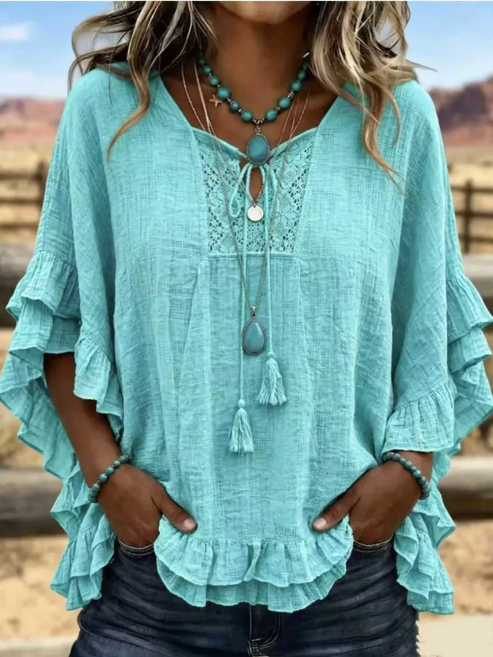 Full Size Tassel Tie Neck Ruffled Hem Blouse Plus Size, image 4