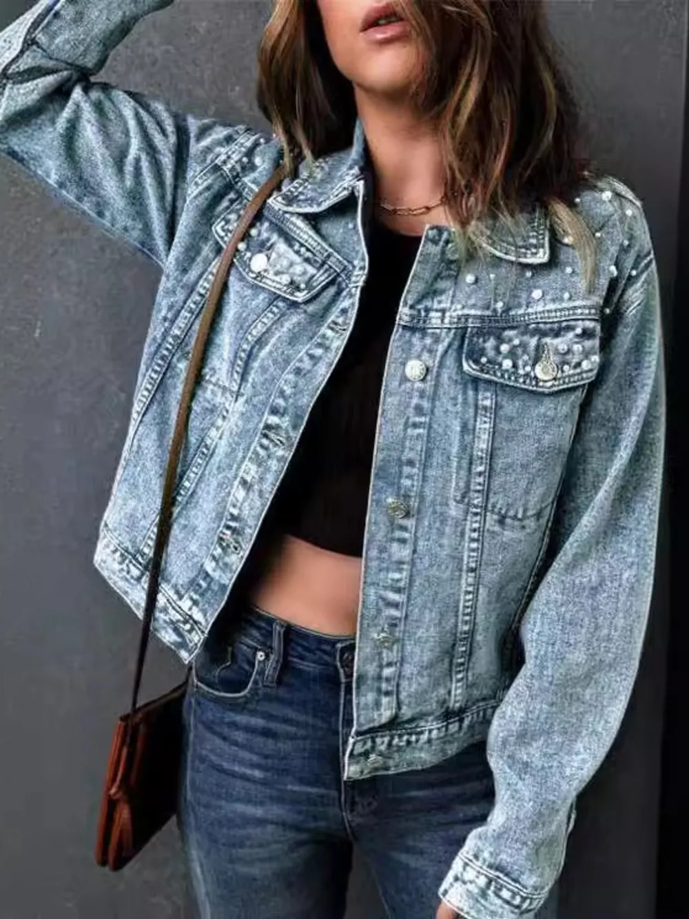 Full Size Pearl Detail Button Up Long Sleeve Denim Jacket Plus Size, image 4
