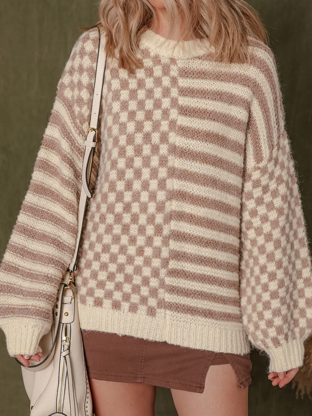 Stripe Checkerboard Drop Shoulder Balloon Sleeve Sweater, image 5